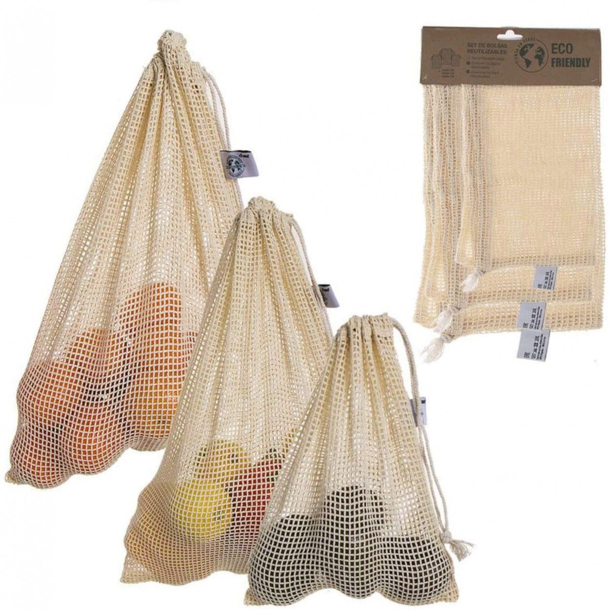 Bolsa Compra Reutilizable, Juego de 3 Bolsas de Malla Ecológica, 100% Algodón, Bolsas Portalimentos. 25x20cm/30x25cm/40x30cm