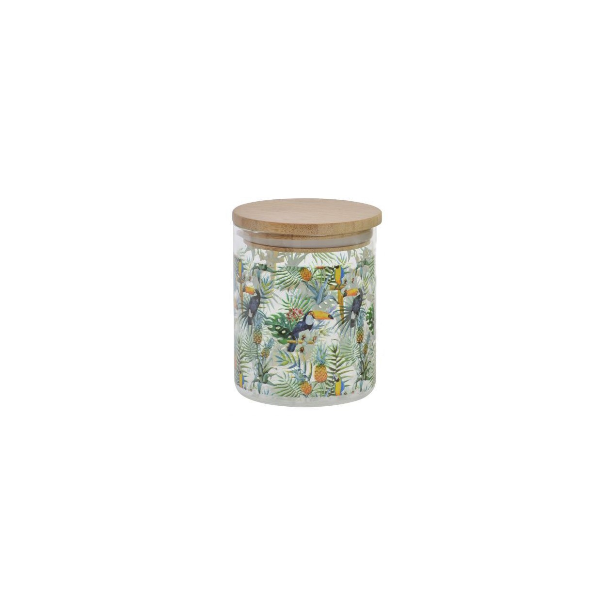 Bote de Cristal con Tapa de Bambú, colorido. Diseño Flamenco/Tucán 700ML, Estilo Tropical, (10X2,5 CM).-Hogarymas-