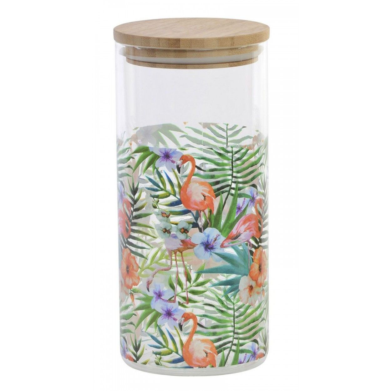 Bote de Cristal con Tapa de Bambú, colorido. Diseño Flamenco/Tucán, con estilo Tropical, con Capacidad para 1,4L - Hogar y Más