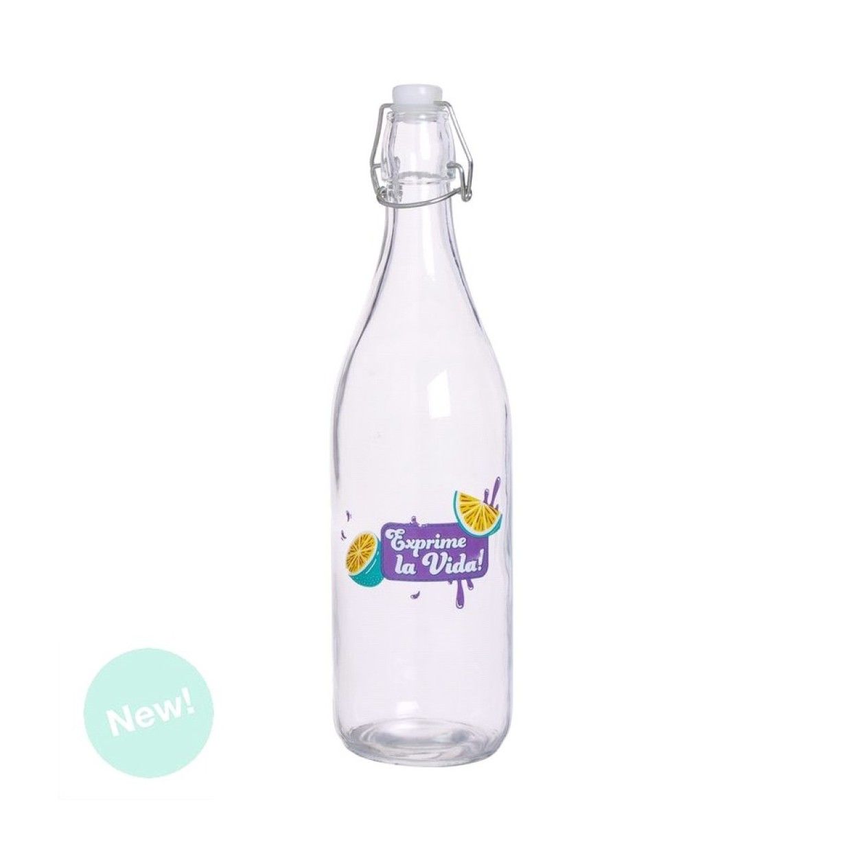Botella Agua Cristal Transparente 1L con Tapa Hermética, Diseño Limones "Exprime la Vida" 5,5X25 cm