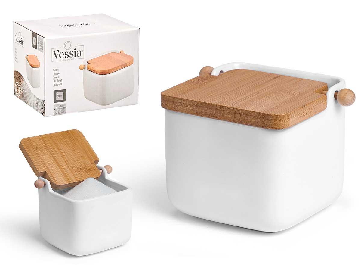 Vessia Salero de Cerámica Blanco con Tapa de Bambú 14x10.5x11.5 cm (6 Unidades)
