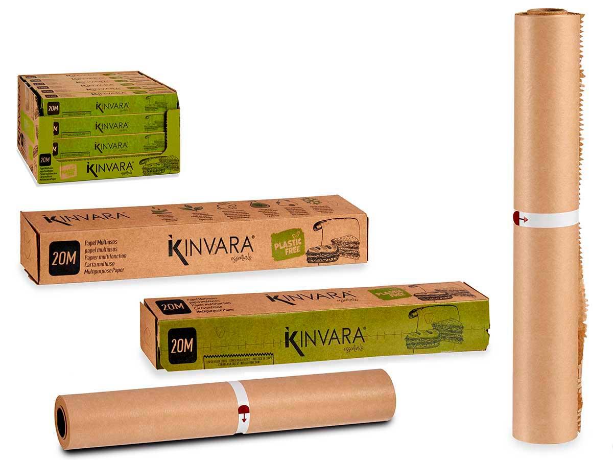 Kinvara Rollo Papel Multiusos 20 metros de Celulosa Marrón 30x4x4 cm | Alternativa Sostenible al Aluminio, Compostable, Apto Frigorífico (15 Unidades)