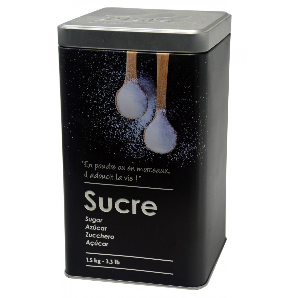 Caja Azúcar Metálica Moderna, Azúcar Caja Negra y Plateada con Dibujos de Azúcar en Relieve 10,5x18,5cm - Hogar y Más