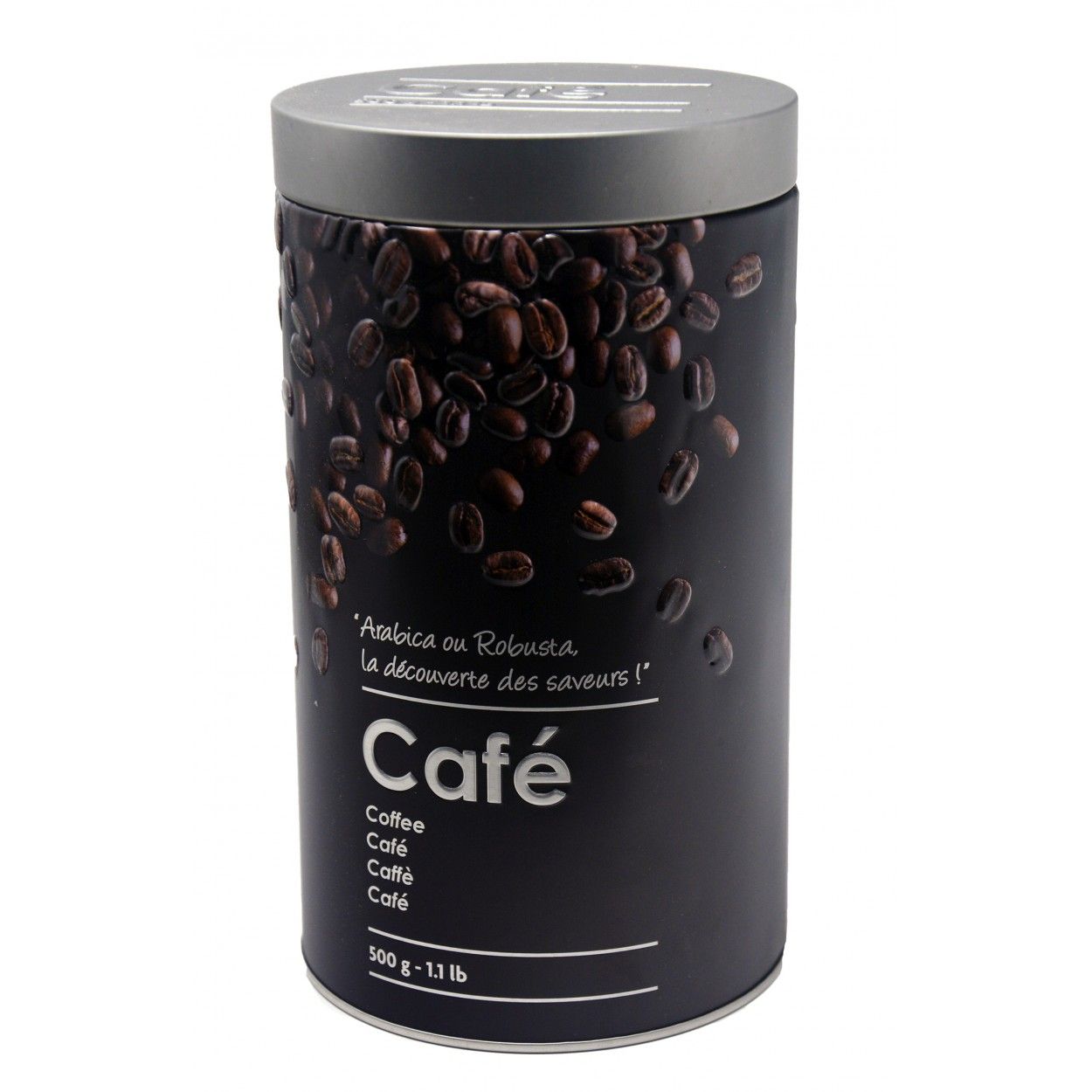 Caja Café Metálica Moderna, Café Caja Negra y Plateada con Dibujos de Granos de Café en Relieve 10,5x19cm - Hogar y Más