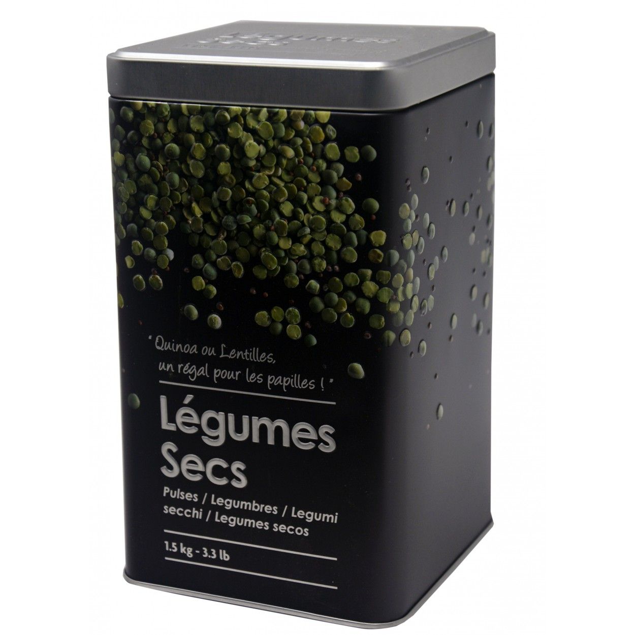 Caja Legumbres Metálica Moderna, Legumbres Caja Negra y Plateada con Dibujos de Legumbres en Relieve 10,5x18,5cm - Hogar y Más