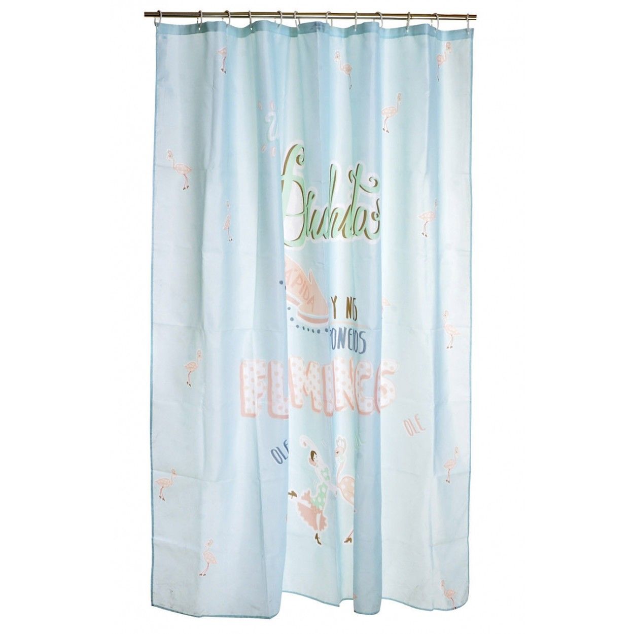 Cortina Baño/Ducha Azul, Estilo Original y Divertido. Con Flamencos 180X200 cm.-Hogarymas-