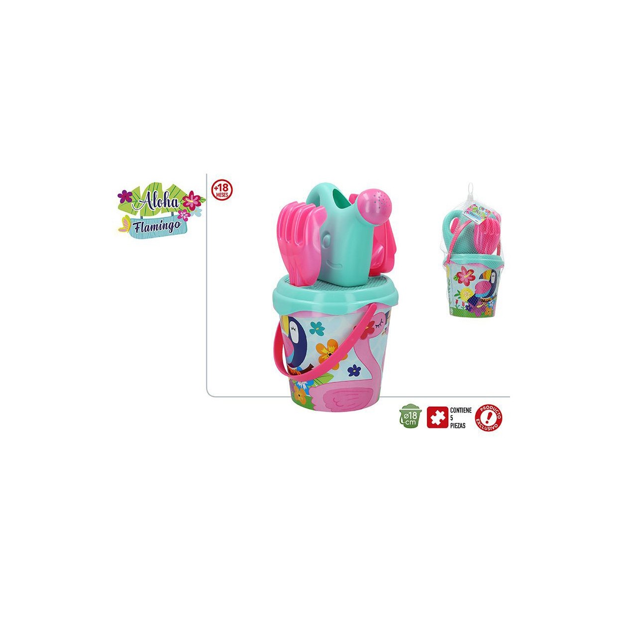 Cubo de Playa Completo para Niños con Rastrillo, Pala y Regadera. 5 Piezas, Juguete Infantil 18 cm