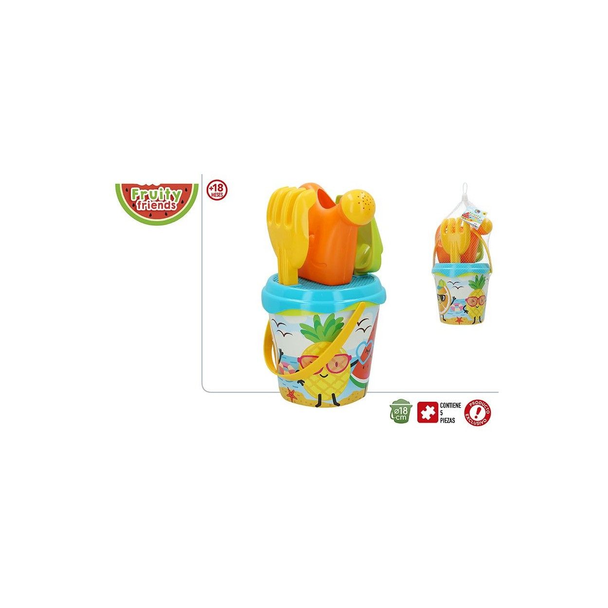 Cubo de Playa Completo para Niños con Rastrillo, Pala y Regadera.  Juguete Infantil, Frutas/Verano 18x31 cm