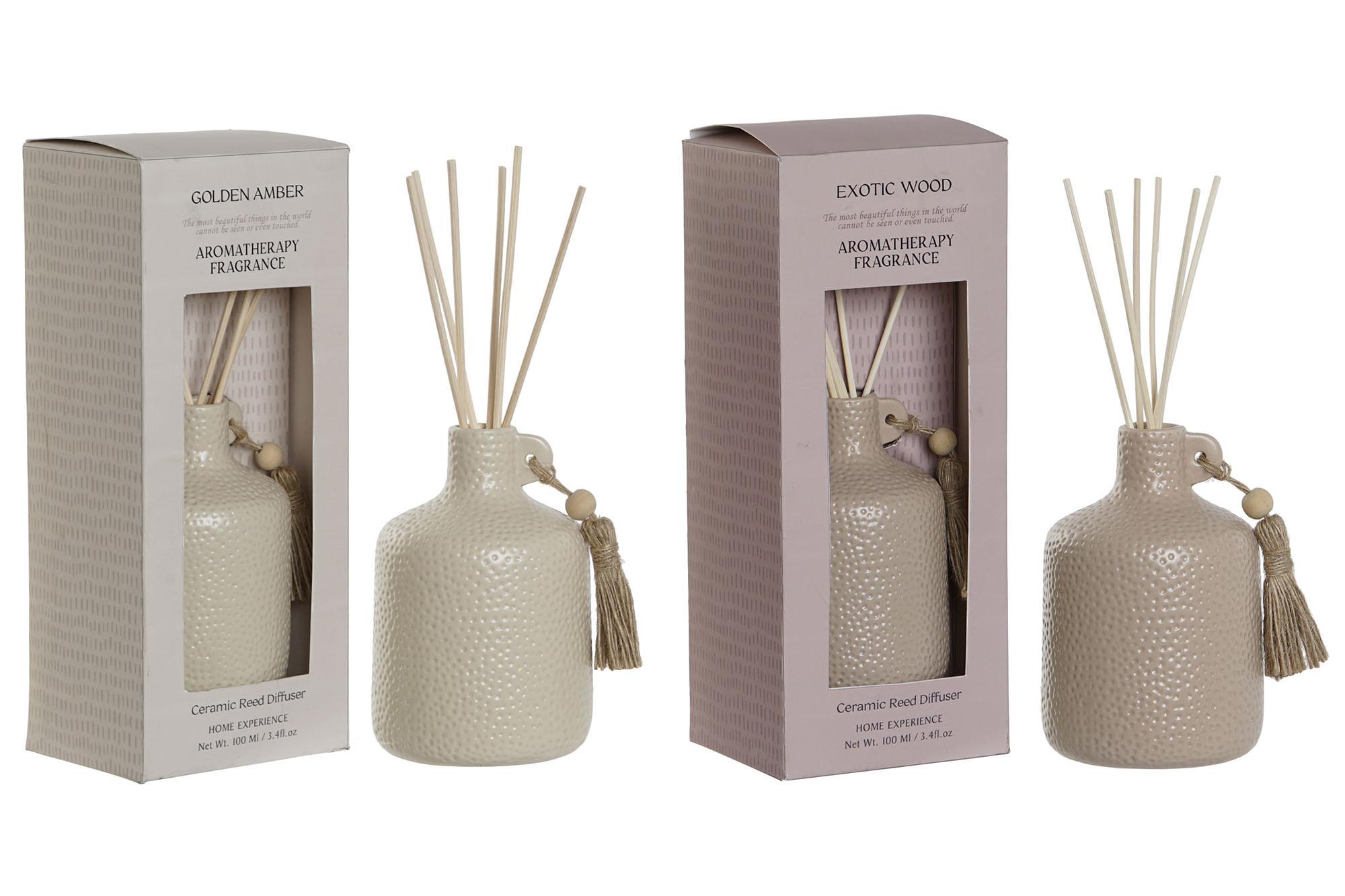 DKD Home Decor Ambientador Mikado Scandi 100ml Beige Marrón con Jarrón de Gres y Varillas de Ratán (6 Unidades)