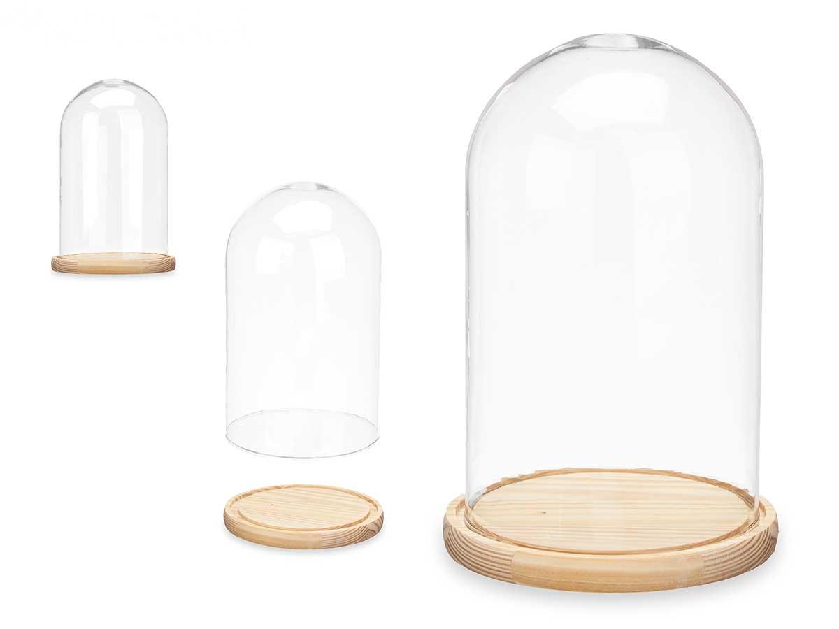 Giftdecor Cúpula de Cristal con Base de Madera Transparente/Natural 15 cm diámetro x 25 cm para Decoración