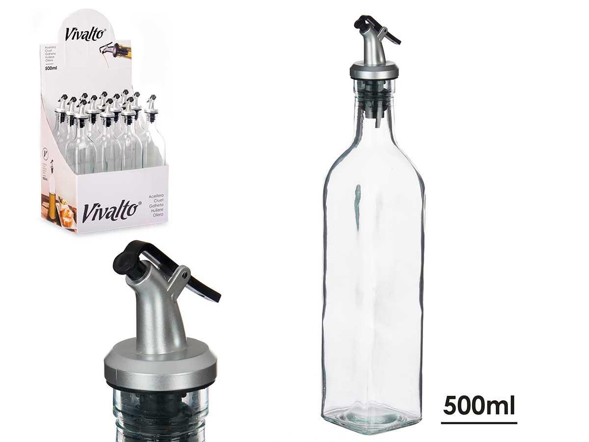 Vivalto Aceitera de Vidrio con Tapon Dosificador 500 ml, 5.5x30.5x5.5 cm (24 Unidades)