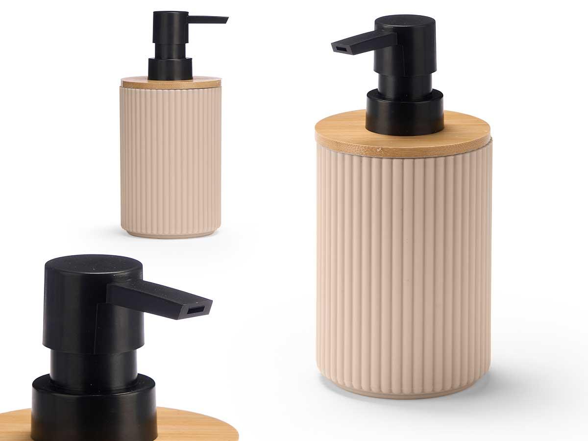 Berilo Dosificador de Rayas Beige, Fabricado con Bambú y Plástico PP, Dimensiones 8.2 cm (Ancho) x 17 cm (Alto) x 7.5 cm (Largo) (24 Unidades)