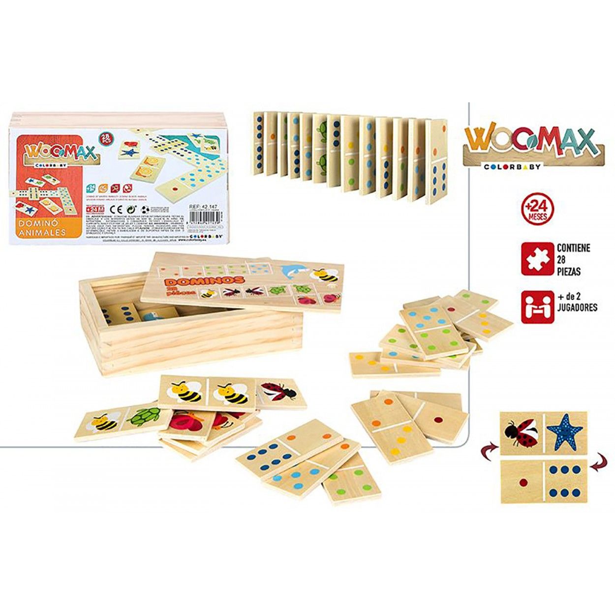 Domino Infantil de Madera Animales, 28 piezas. Domino Niños Original, Juguetes Infantiles 190 x 105 x 55 mm