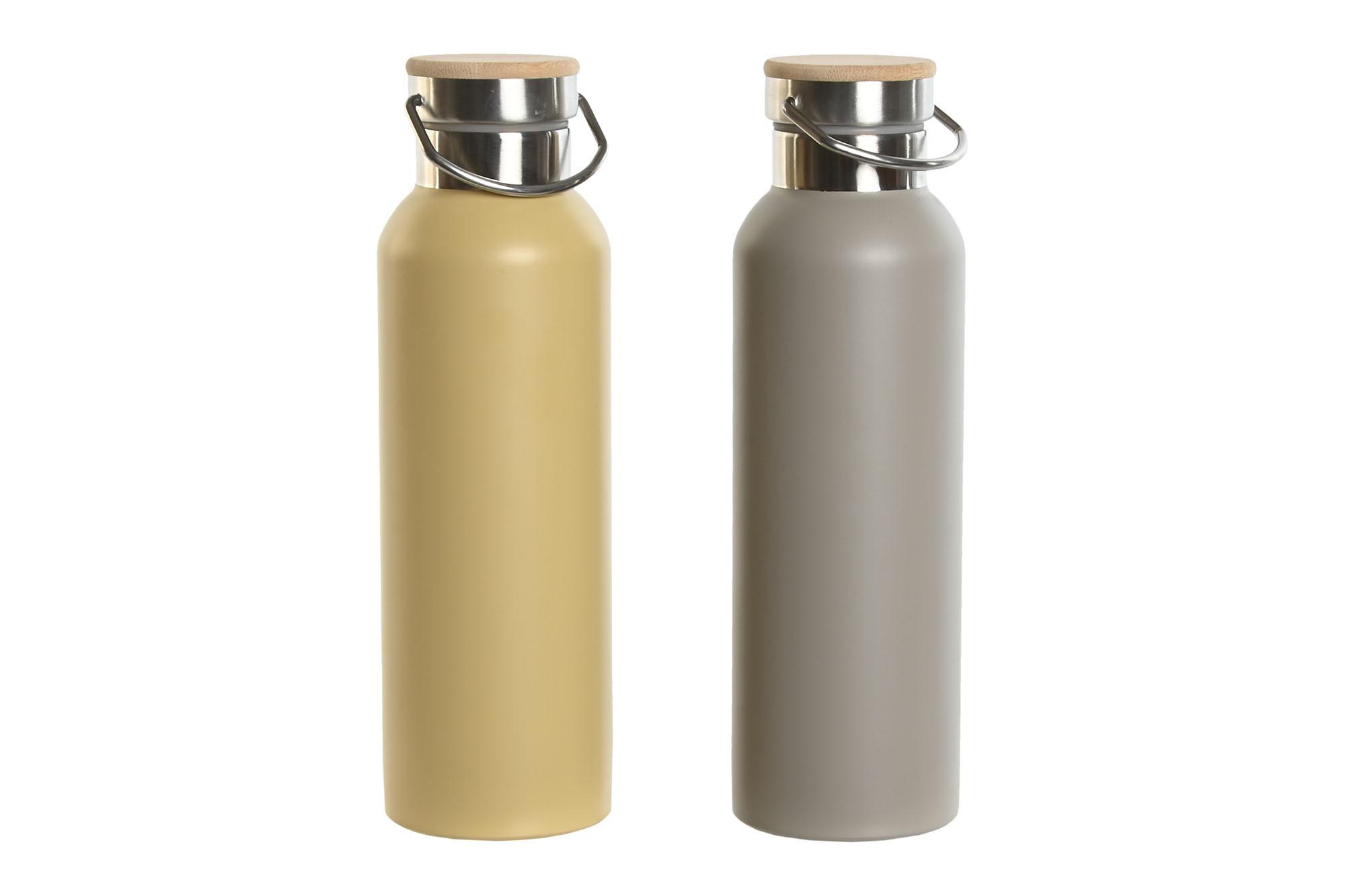 DKD Home Decor Botella Agua 500ml Doble Pared Acero Inoxidable y Bambú Gris Beige Natural 7x25cm Pack 2 Unidades Apta Lavavajillas