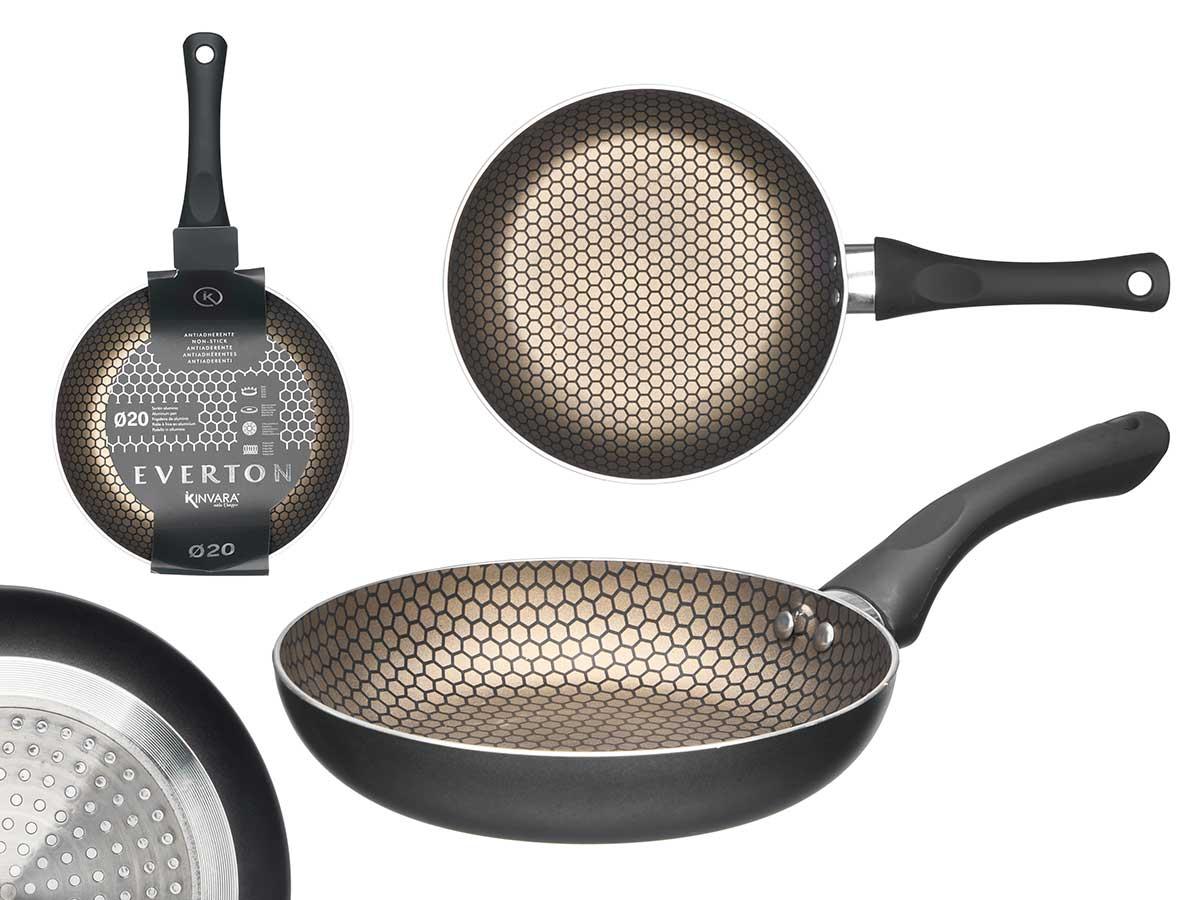 Kinvara Sartén Antiadherente de Inducción con Textura Panel de Abeja de 20 cm, Aluminio, Mango Soft Touch, 3 Capas, Negra (6 Unidades)