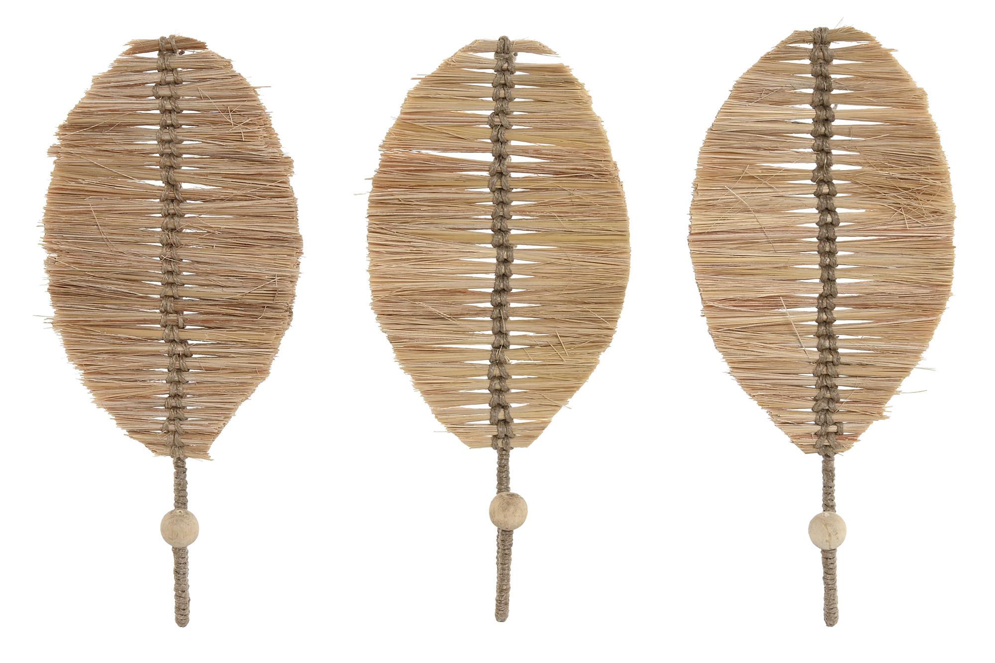 DKD Home Decor Perchero de Pared Tropical con Hojas, Fibra y Metal, Natural, Set de 3 piezas, 4x26x12 cm