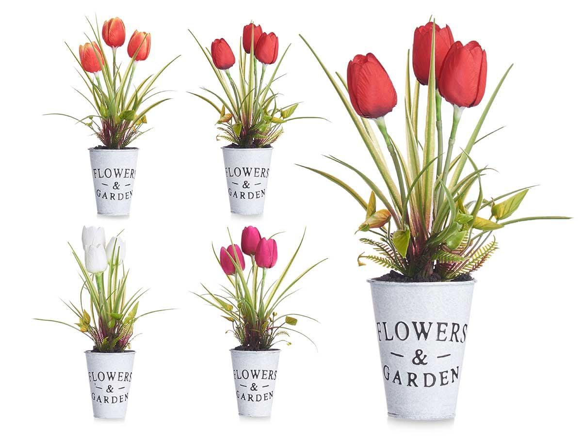 Ibergarden Planta Artificial Tulipan en Bote de Metal Surtida 15x31x15 cm con Maceta Ø 8 cm (12 Unidades)