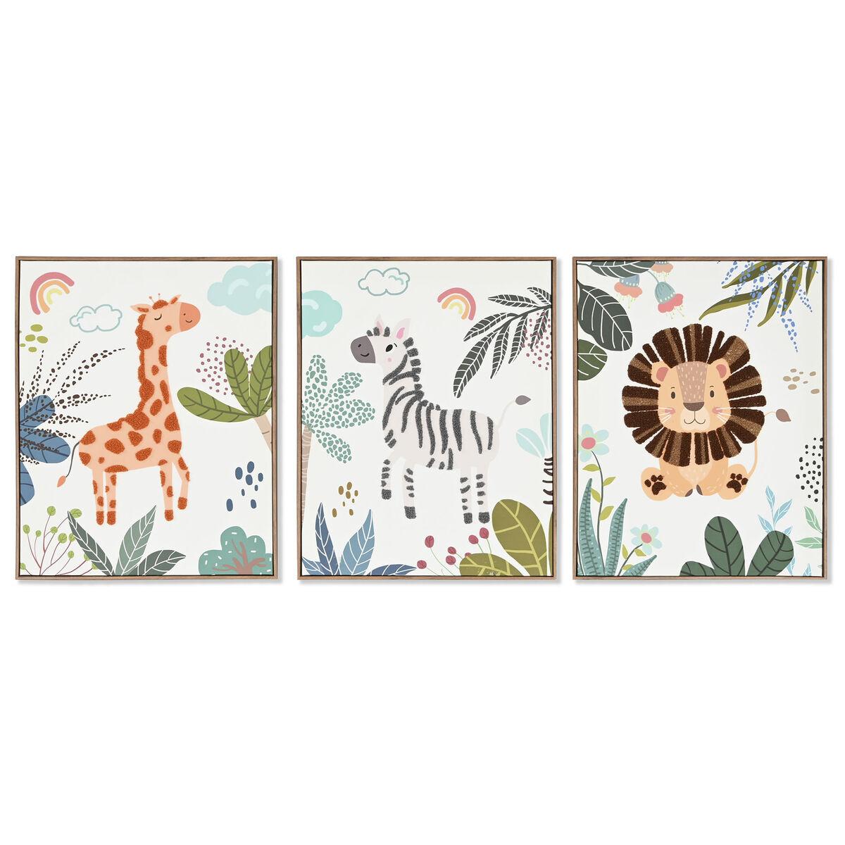 DKD Home Decor Cuadro Infantil Animales Selva Lienzo Poliéster 50x40x3cm Colores Surtidos (Verde, Blanco, Naranja) 3 Unidades