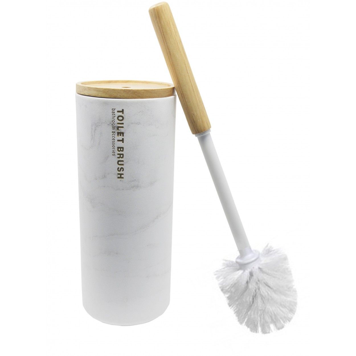 Escobillero Blanco de Resina con Tapa de Bambu, Escobillero con acabado de Marmol, Elegante/Moderno 24x10,5cm - Hogar y Más