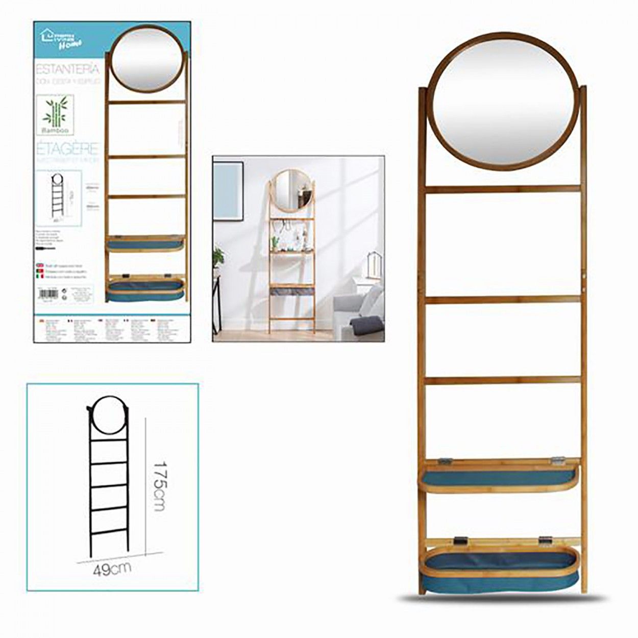 Estantería con Espejo y Cestas de 5 Estantes, realizada en Madera Natural. Diseño Ergonómico/Bassic 49x3x175cm - Hogar y Más