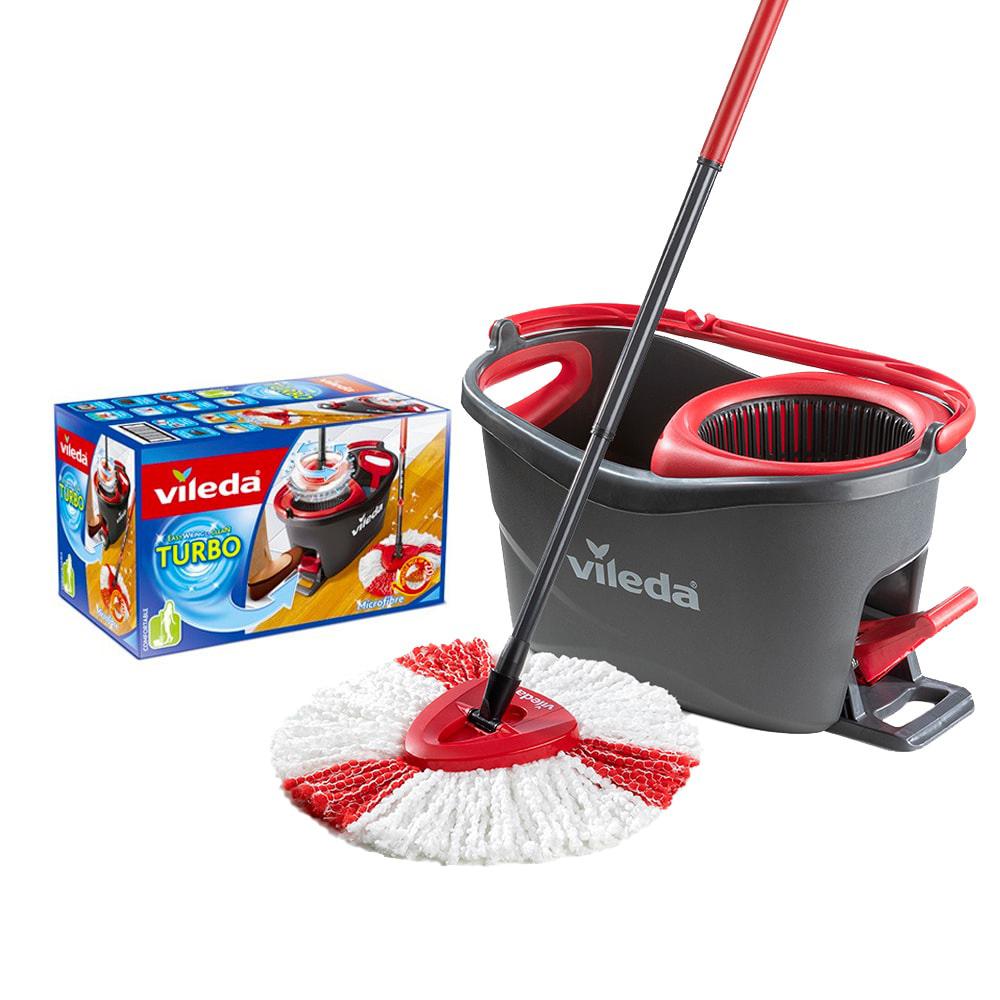 Vileda Set de Fregona Turbo Easywring & Clean con Cubo Escurridor Pedal 6L, Microfibra y Palo Telescópico para Suelos Delicados Gris/Rojo
