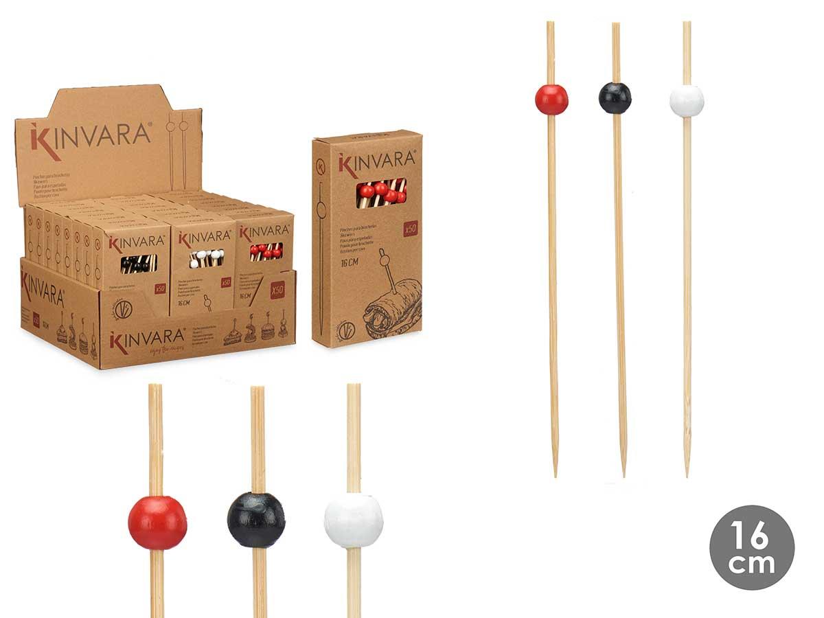 Kinvara 50 Brochetas Aperitivo Surtidos en Bambú - Blanco, Negro, Rojo (48 Unidades)
