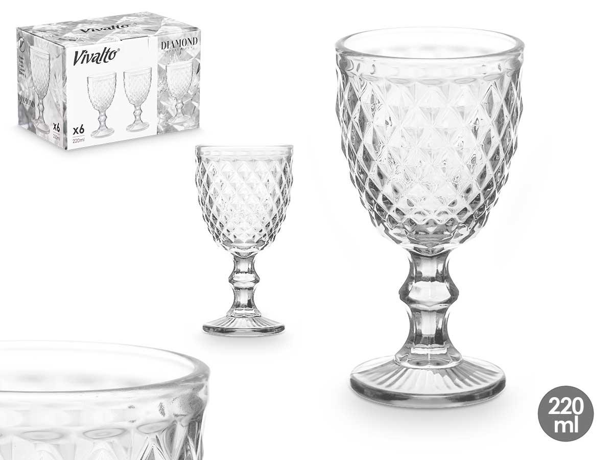 Vivalto Copa Diamante de Vidrio Transparente 220 ml - Vaso Elegante 8x15.5x8 cm (24 Unidades)