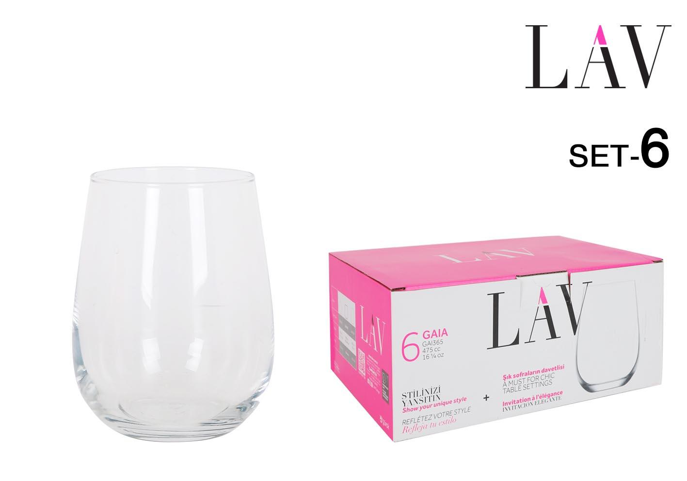Lav Set de 6 Vasos Colección Gaia, Capacidad 475 ml por Vaso, Medidas Ø 7 x 9 x 11 cm (8 Cajas)