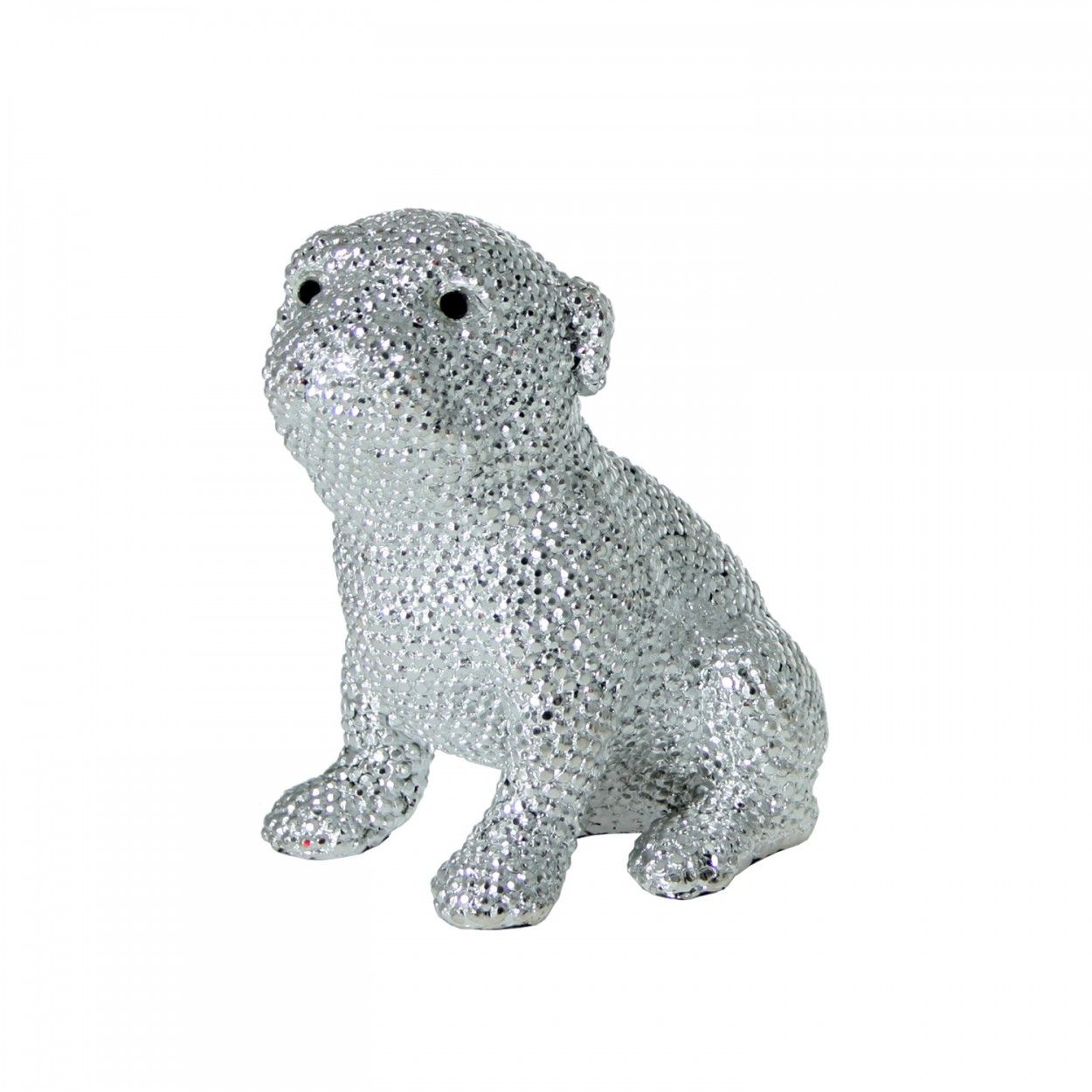 Figura de perro Pug de resina plateada granulada - Estilo Luxury - Hogar y más.