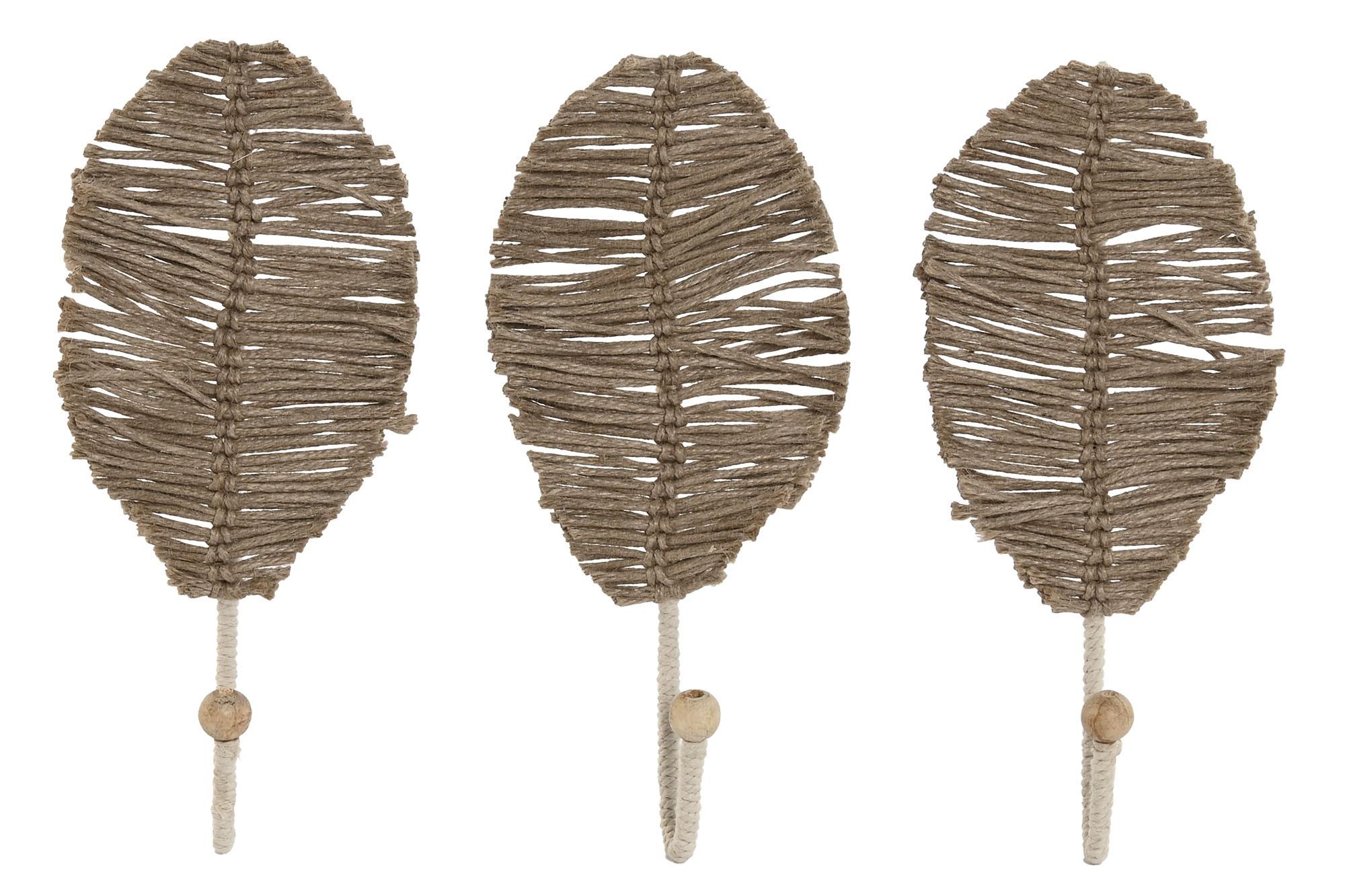 DKD Home Decor Perchero de Pared Tropical Hoja Yute Metal Natural, 26 cm Alto x 12 cm Ancho x 4 cm Profundo, Set 3 Piezas