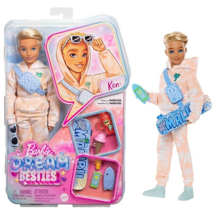Barbie JDD75 Ken Dream Besties Muñeco articulado en 11 puntos, pelo rubio, incluye 9 accesorios, 4-10 años