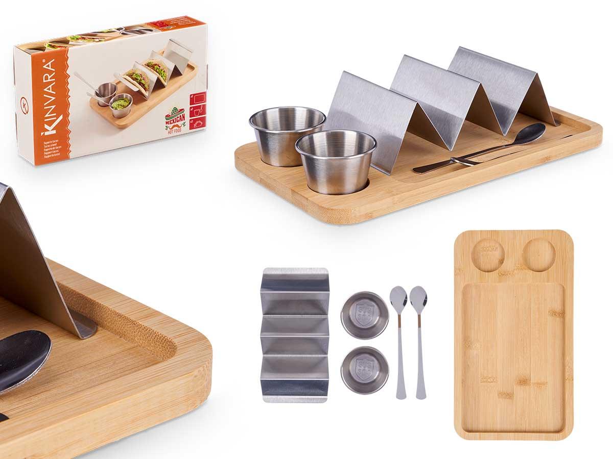 Kinvara Soporte Tacos Bol Salsa Bambú y Metal 28x5.5x16 cm (6 Unidades)
