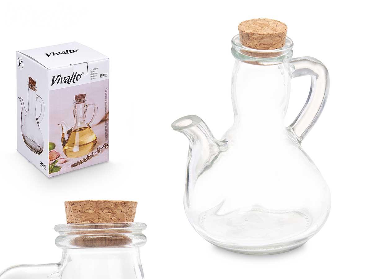 Vivalto Aceitera Porrón con Tapon de Corcho, Vidrio Transparente, 290 ml, 12x14.5x9.5 cm (24 Unidades)