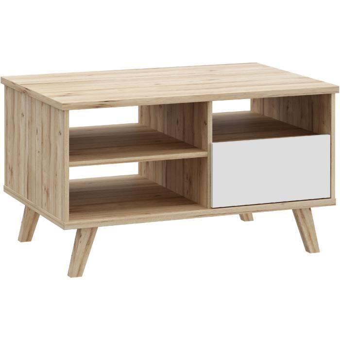 VANKKA VANKCFTT5218L25 Mesa de Centro Rectangular - Roble / Blanco Mate - Patas de Madera - 90x60x51,8 cm