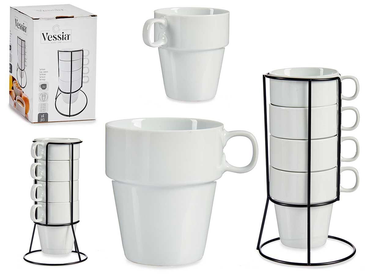 Vessia Set de 4 Tazas Apilables Blanco con Estante 350 ml, 11x22x12 cm (12 Unidades)