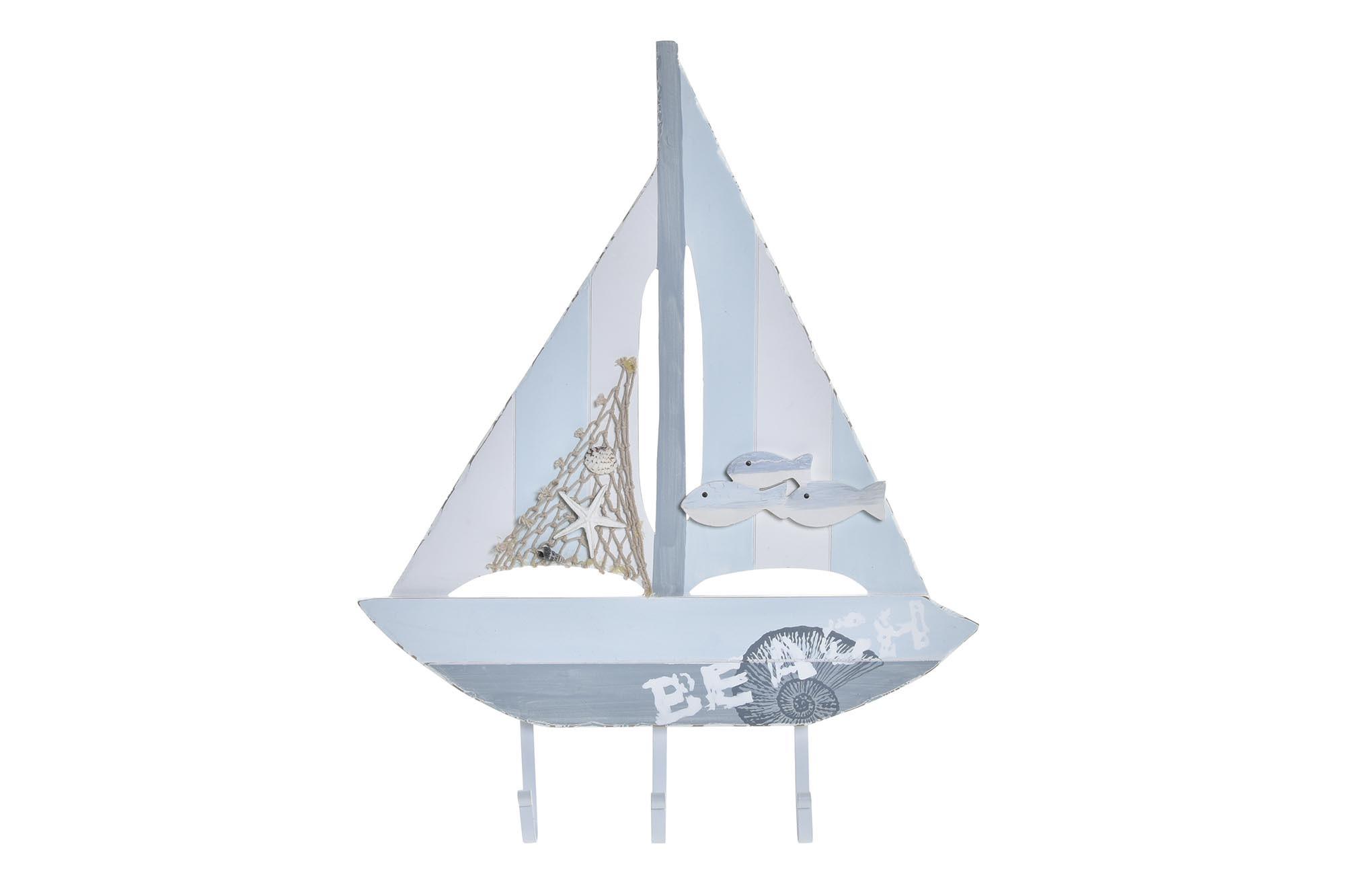 DKD Home Decor Perchero Pared Mediterraneo con Velero Madera Metal Azul Blanco 4 x 56 x 43 cm