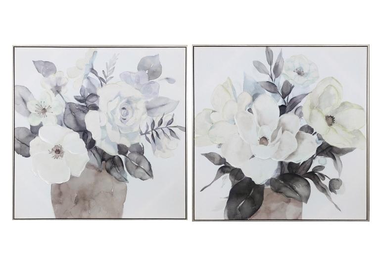 DKD Home Decor Cuadro Tradicional de Pared Diseño Florero, Blanco Marrón, Lienzo y Marco de PS, 80x80x3,5 cm, Set 2 Unidades Surtidas