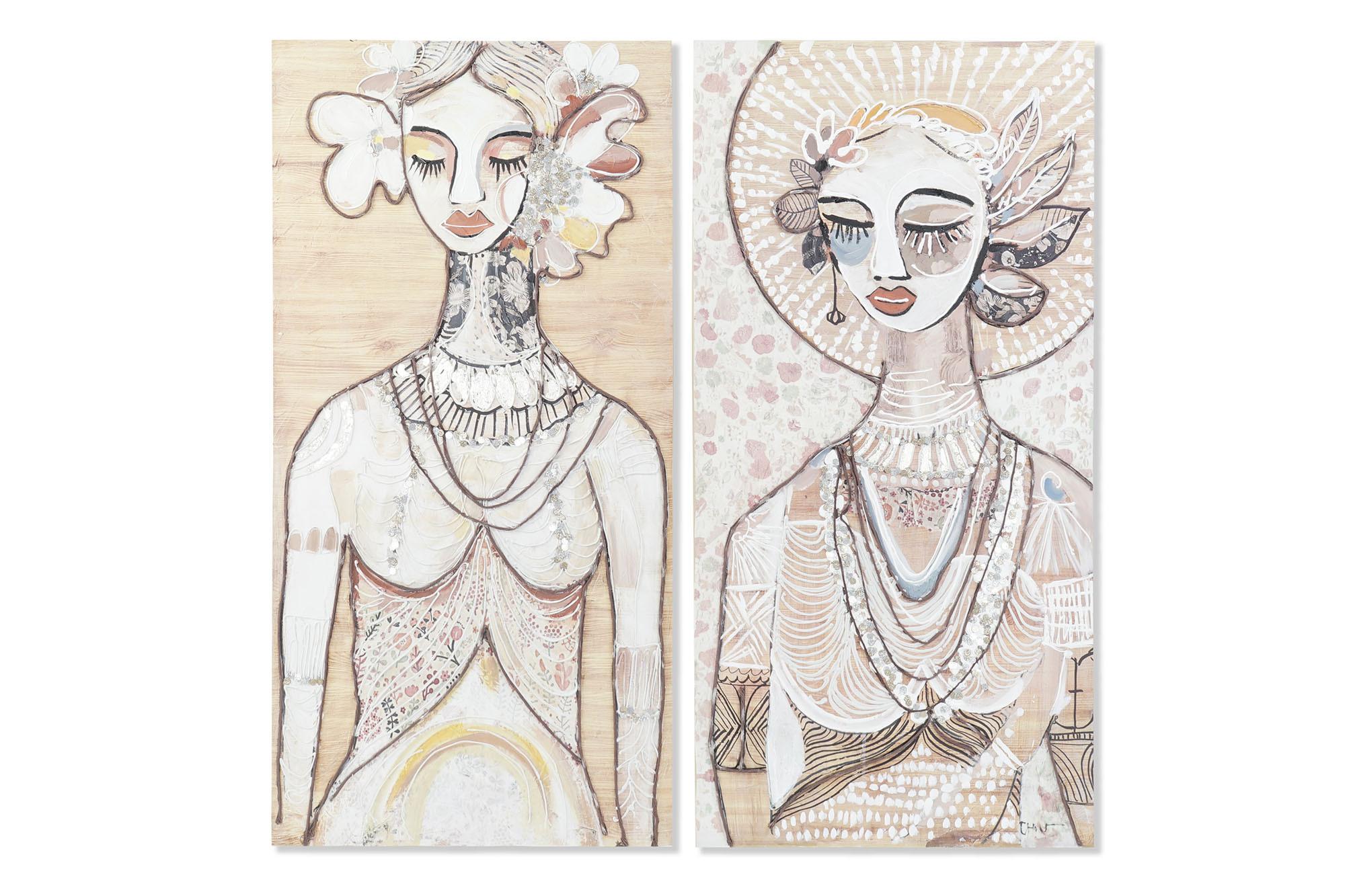 DKD Home Decor Cuadro Colonial de Mujer Pintado a Mano en Lienzo y Pino Beige Blanco 120x60 cm (Pack 2)