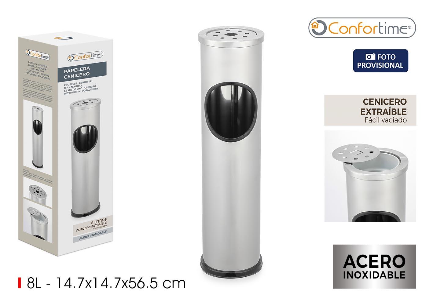 Confortime Papelera-Cenicero de Acero Inoxidable 8L 14,7 x 14,7 x 56,5 cm (4 Unidades)