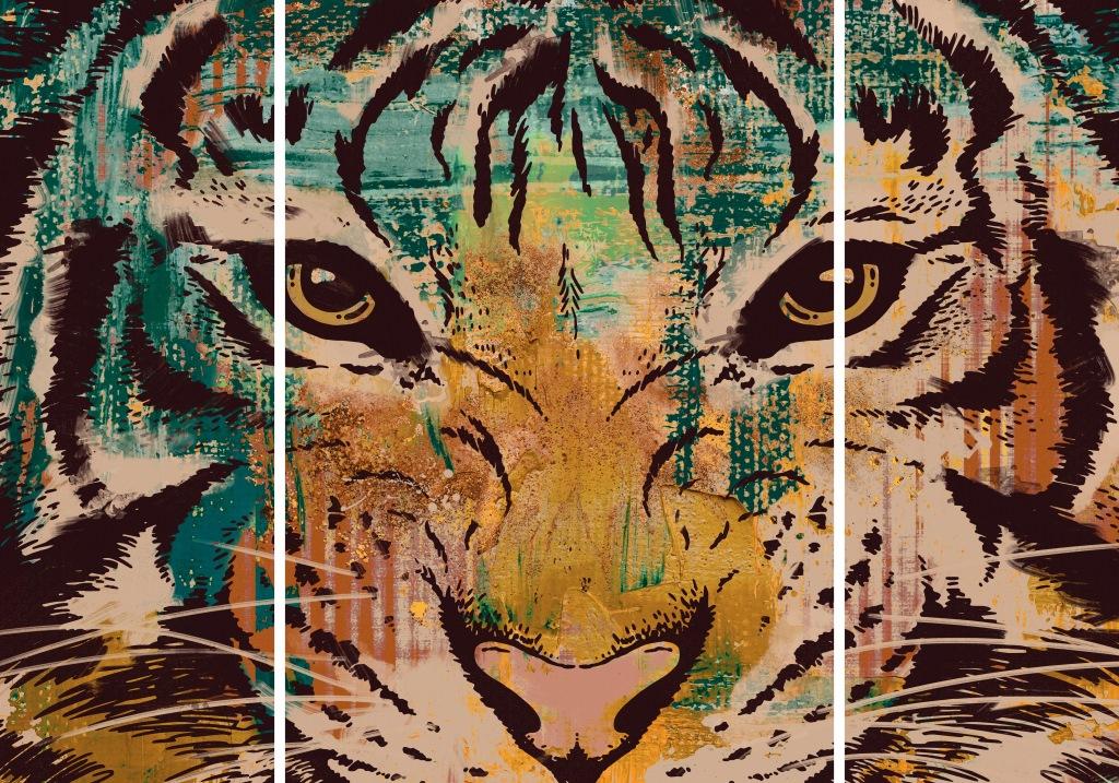 DKD Home Decor Cuadro Colonial de Pared Naranja Verde con Diseño de Tigre, Set de 3 Piezas en Lienzo y MDF, 140x100 cm