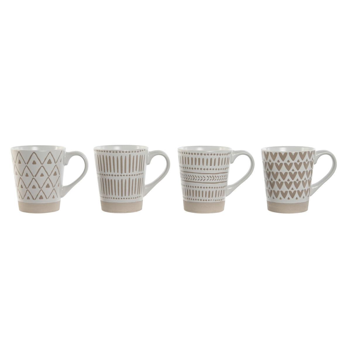 DKD Home Decor Mug Boho Gres Set de 4, 360ml, Blanco Beige, Apto Microondas y Lavavajillas