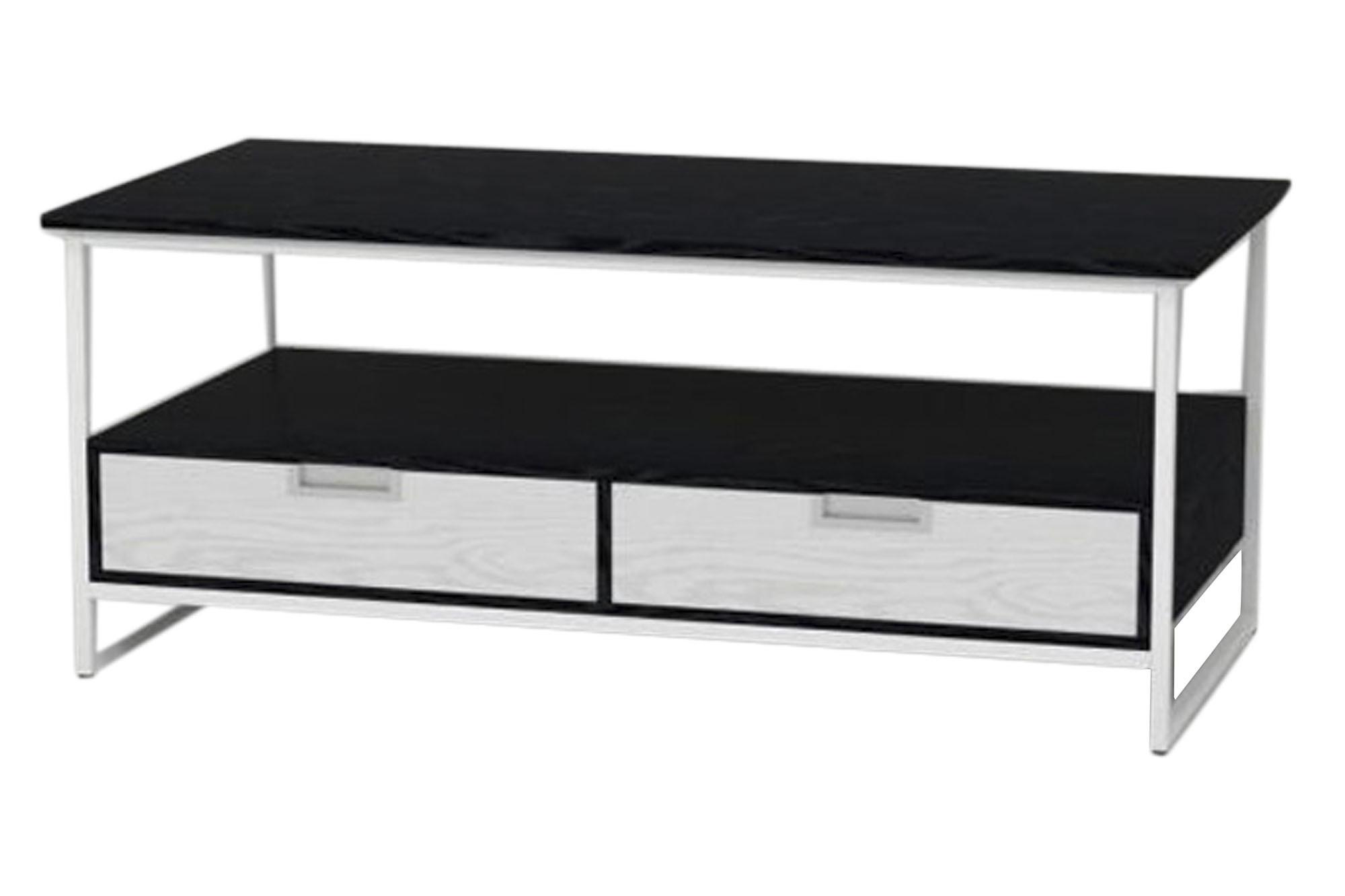 DKD Home Decor Mesa Centro Urban Blanco con 2 Cajones y 1 Estantería, Metal y MDF, 110 Ancho x 55 Largo x 46 Alto cm