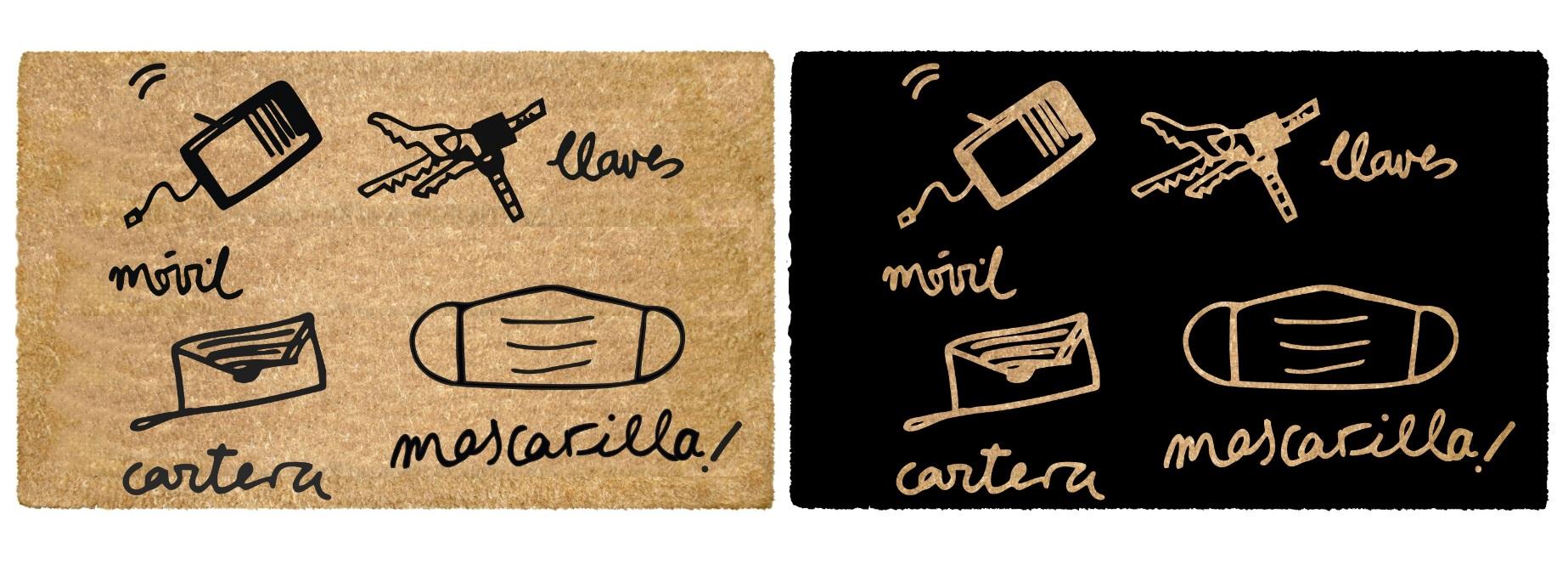 DKD Home Decor Felpudo Basicos Fibra Coco y PVC Marrón Claro Negro 60x40x1.5 cm Motivos Llaves y Mascarilla Pack 6 Unidades