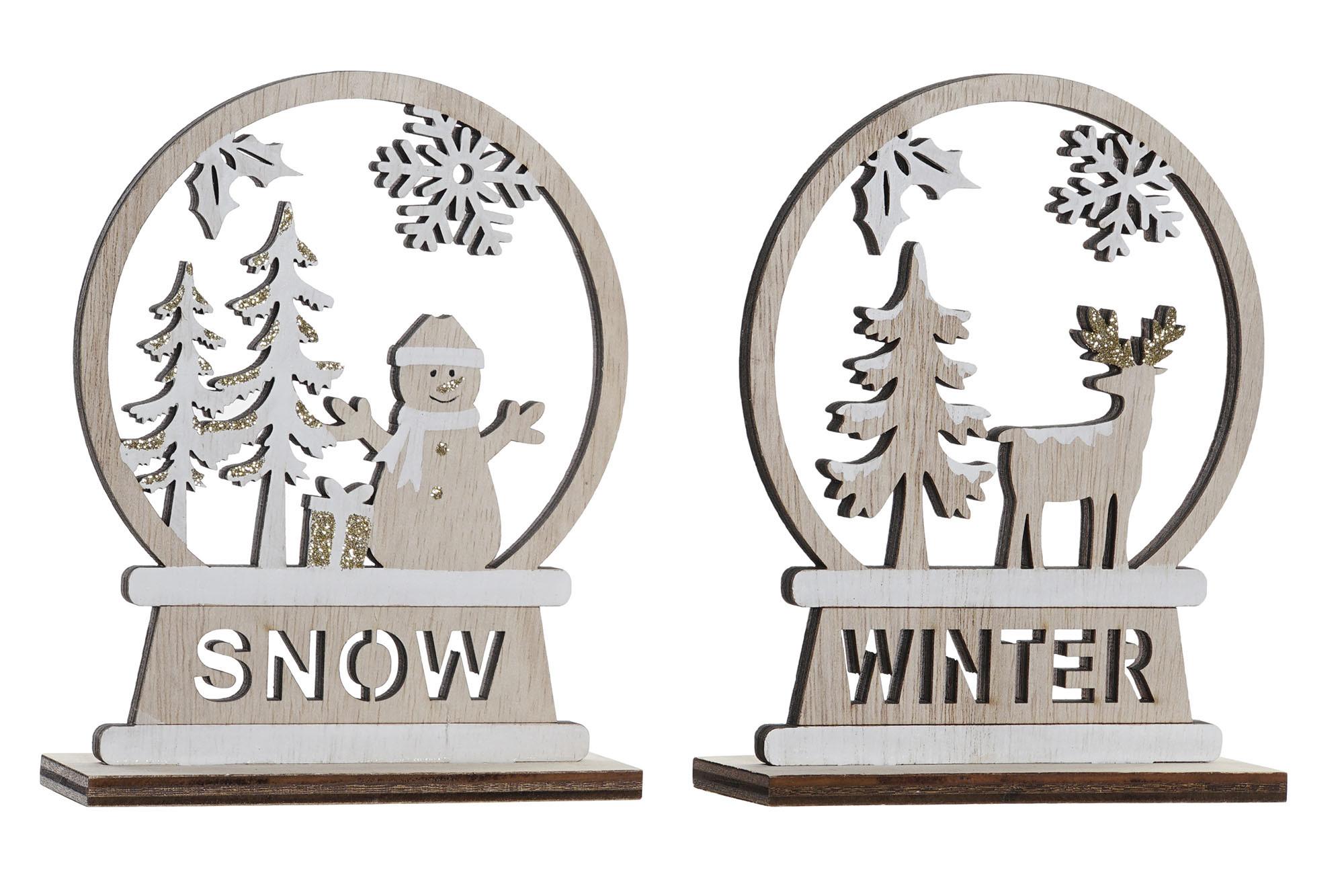 DKD Home Decor Figura Navidad Alpina Reno Muñeco de Nieve Madera Natural Blanco 4x15x12 cm (Pack de 2 Unidades)