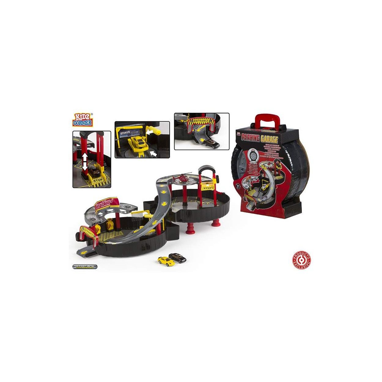 Juguete Maletín Garaje, en forma de Rueda, con rampa, ascensor y helipuerto. Diseño Rácing. - Hogar y Más