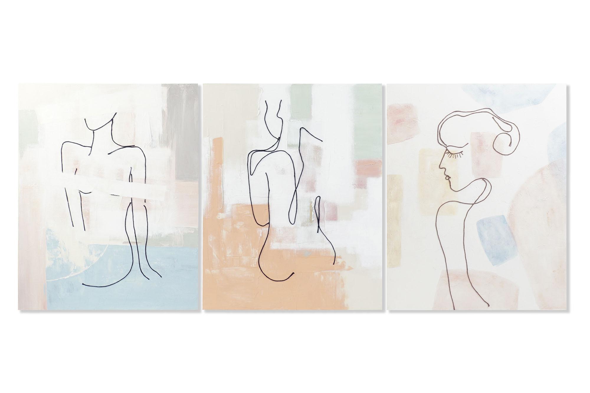 DKD Home Decor Cuadro Moderno Mujer Abstracto Pintado a Mano Lienzo Pino Multicolor Blanco 80x100x3.7 cm Set de 3