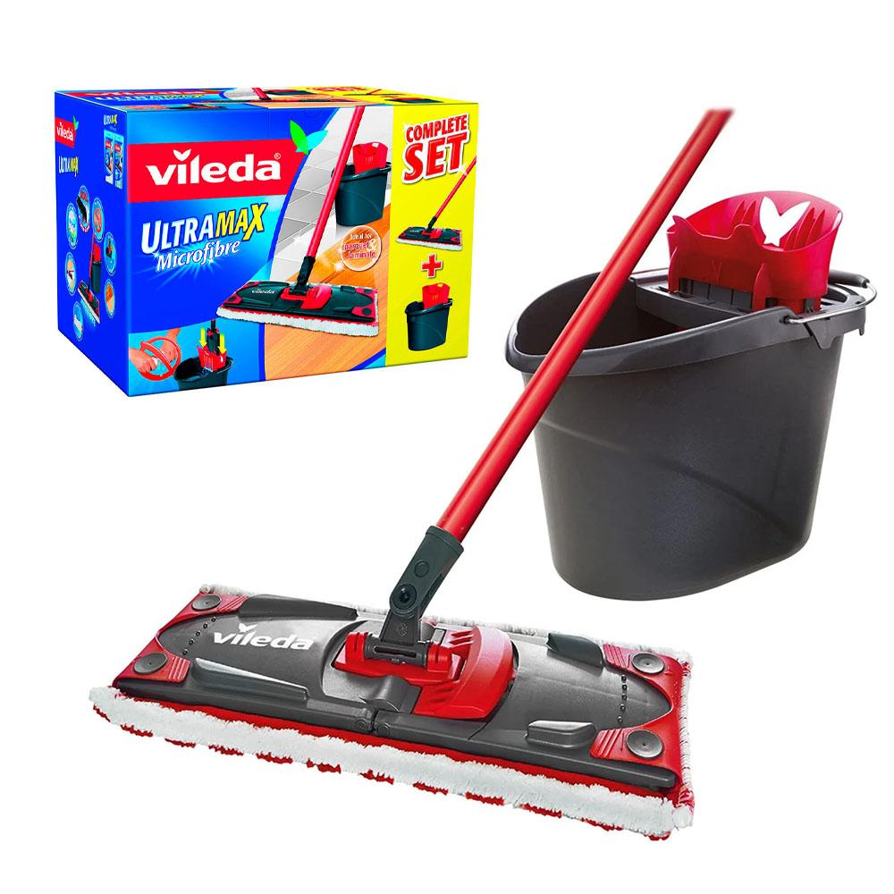 Vileda Ultramax Set Mopa Microfibras 2 en 1 con Escurridor Vertical para Suelos y Parquet, Limpieza Manos Secas Gris/Rojo 36x13.6cm