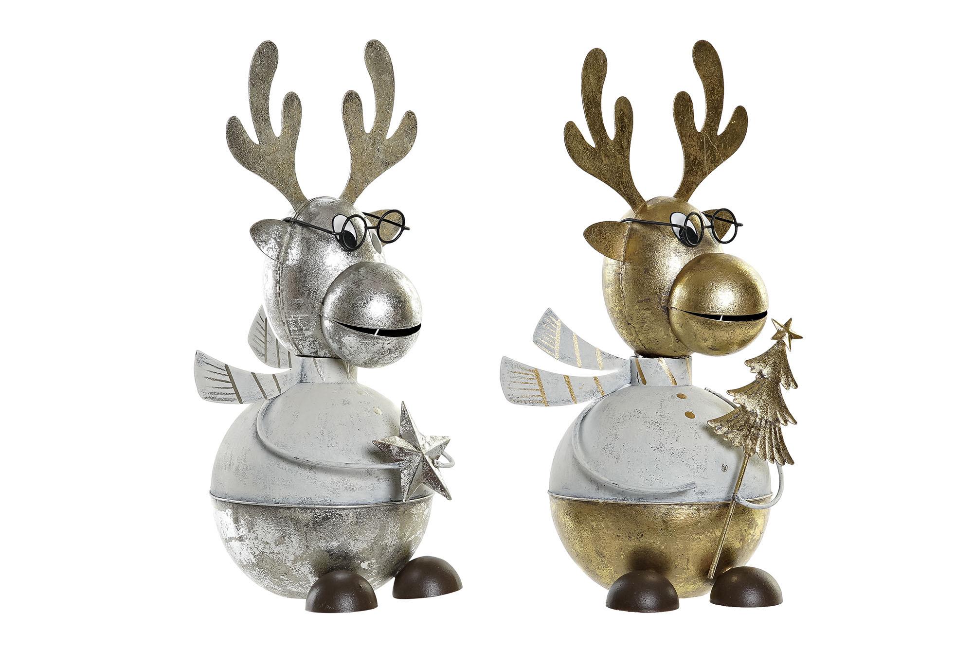 DKD Home Decor Figura de Navidad Alpina Reno con Gafas Metálica Dorado Plateado 13 x 27 x 14 cm (2 Unidades)