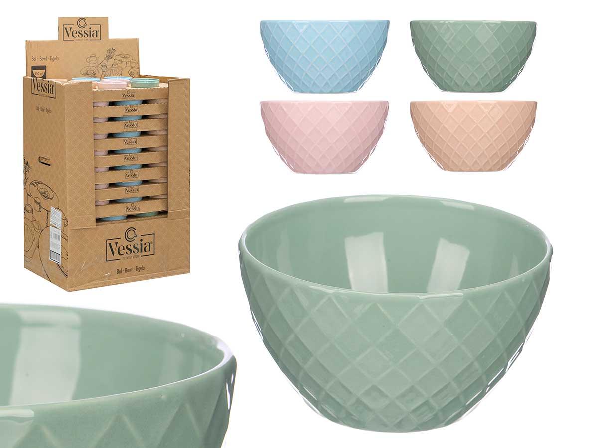 Vessia Bol Diamante 13 cm, Cerámica, Colores Pastel Surtidos (Azul, Marrón, Rosa, Verde), 530 ml (108 Unidades)