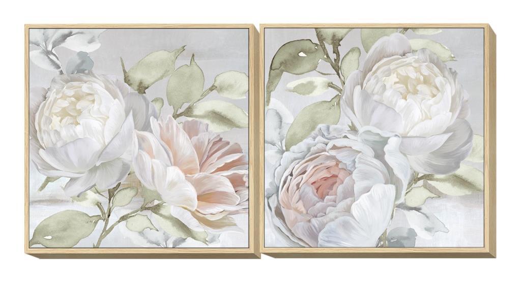 DKD Home Decor Cuadro Shabby con Flores Blanco y Gris de Lienzo Hecho a Mano 80x80 cm Set de 2 Unidades